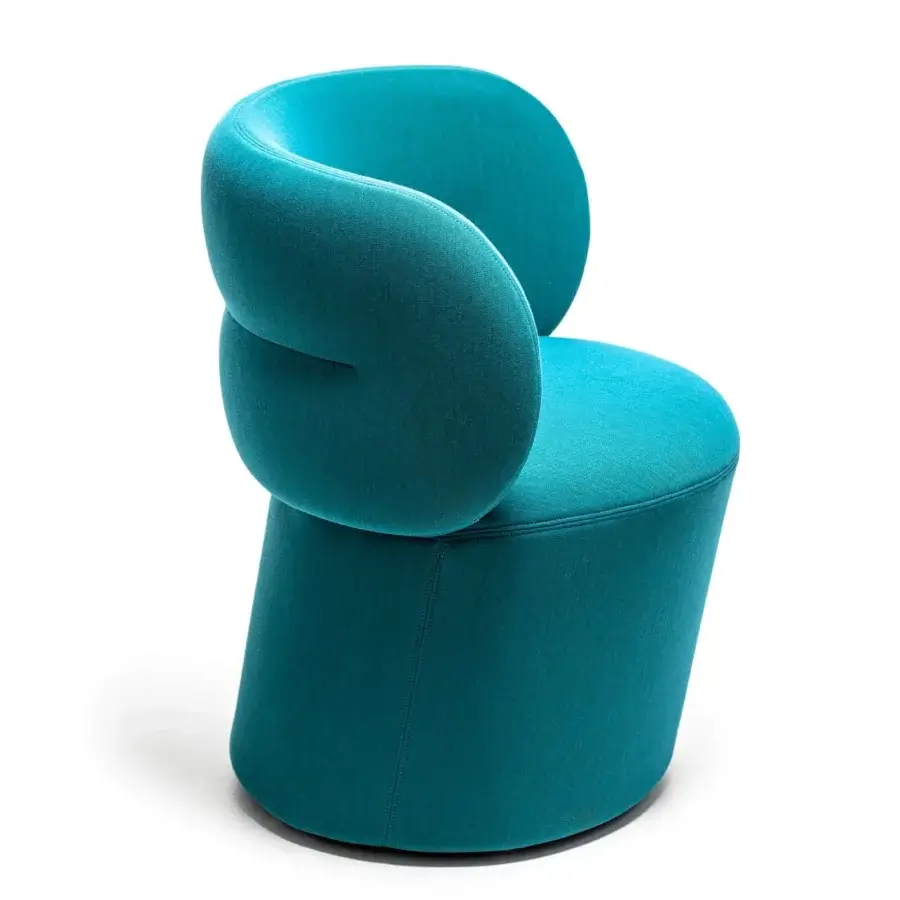 Distinguished Moroso Getlucky chair upholstered in smooth teal textile with transparent PVC glides screwed to the structure