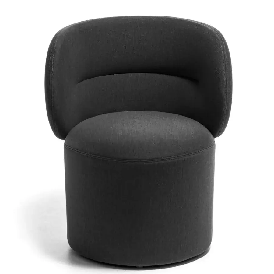 Exclusive Moroso Getlucky chair upholstered in dark gray textile with matte finish and RAL 9005 black painted steel base
