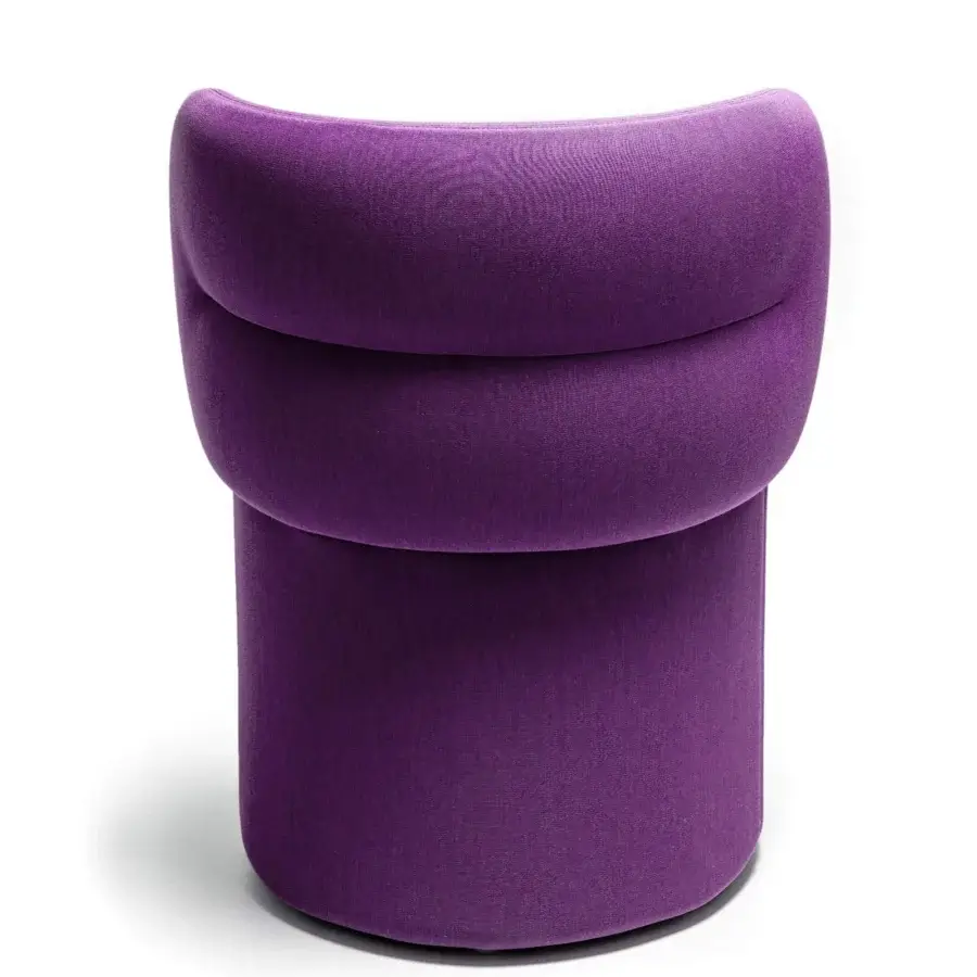 Elegant Moroso Getlucky chair with rounded form upholstered in purple textile and RAL 9005 black painted steel swivel base