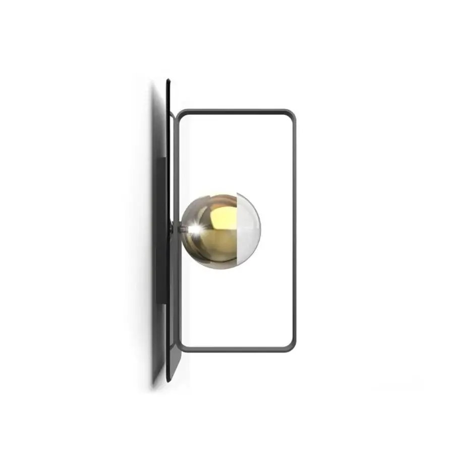 Distinguished Reflex Oh wall lamp with a contemporary metal structure, smoke mirror base and gold tone borosilicate glass light filter