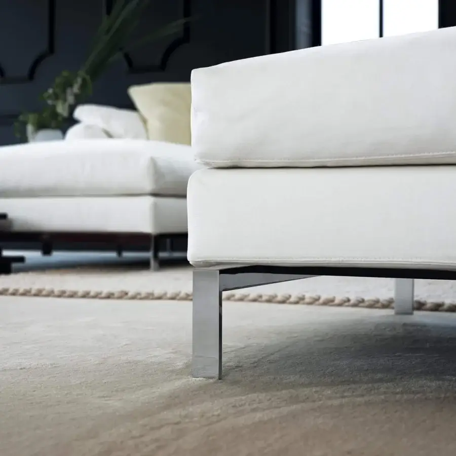 Superior Swan Italia Molvedo sectional with feather-down filling and white fabric upholstery built with chrome-plated metal legs