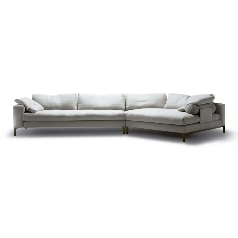 Exceptional Swan Italia Molvedo sectional with light gray cotton upholstery, feather cushions and brown-bronze metal legs