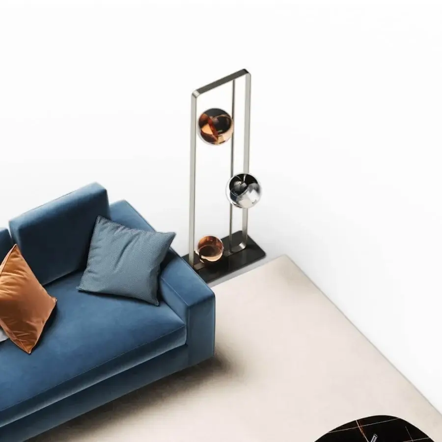 Distinguished Reflex Oh floor lamp with brass metal structure and smoke mirror base, suspending bronze, silver, gold glass spheres