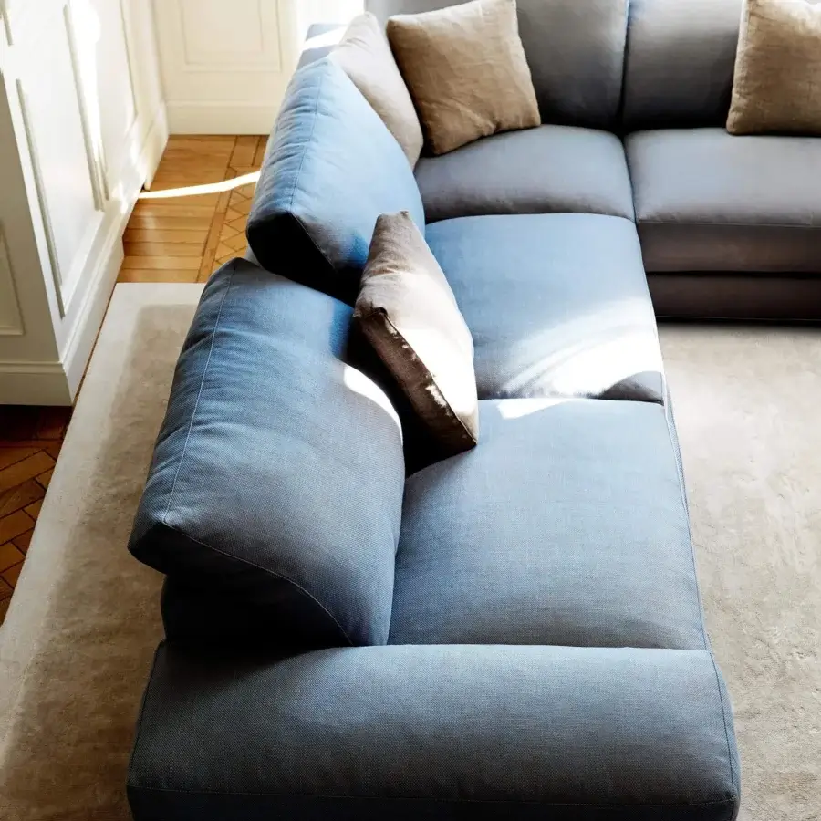 Distinguished Swan Italia Hamlet sectional with medium gray textile upholstery and beech-wood feet crafted in Italy