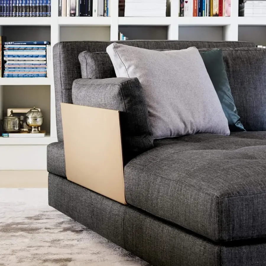 Exceptional Swan Italia Hemingway sectional with dark gray textile upholstery, light gray and dark teal feather cushions, and powder-coated metal feet