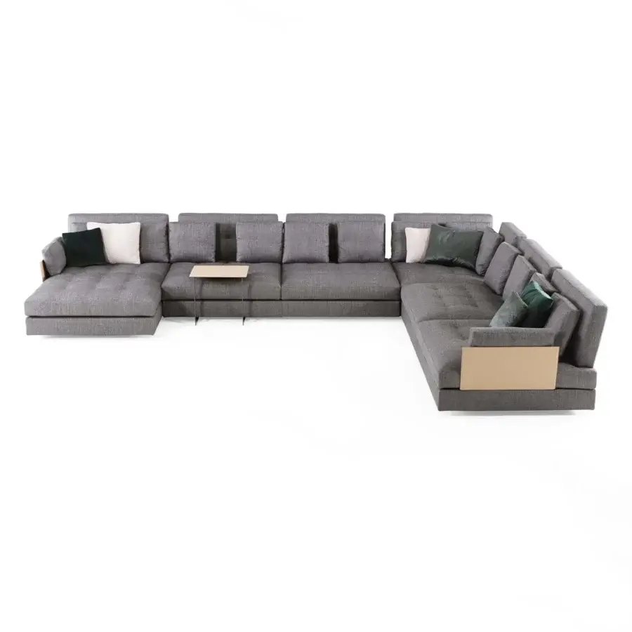 Superior Swan Italia Hemingway sectional with grey textile upholstery and light brown wood side table extensions