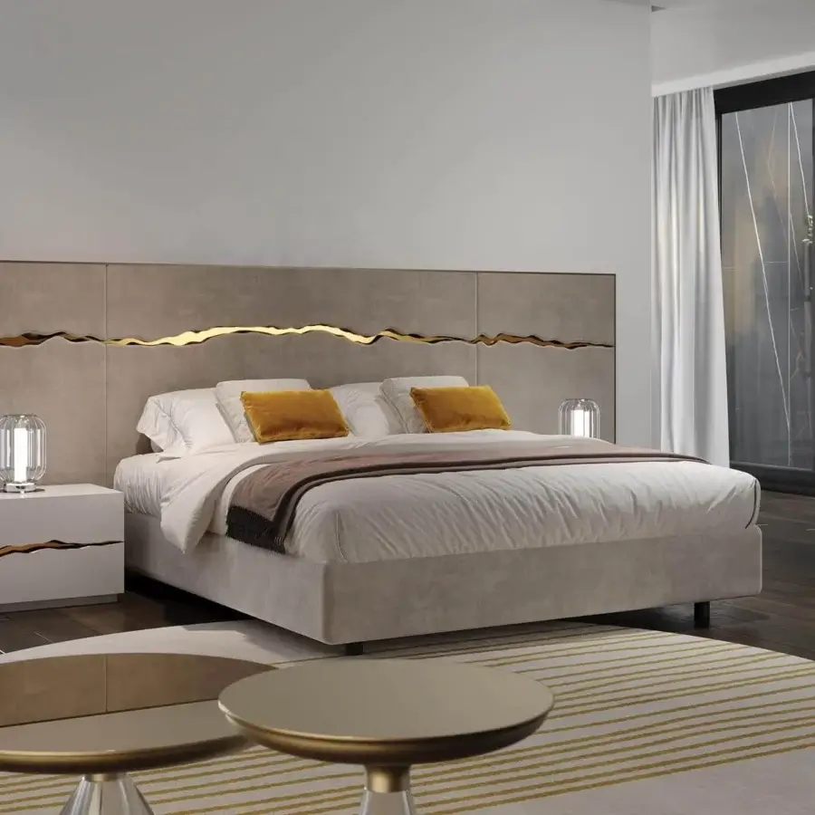 Distinguished Reflex Impact nightstand crafted from wood with a shiny lacquered latte finish and unique gold-tone wave decoration