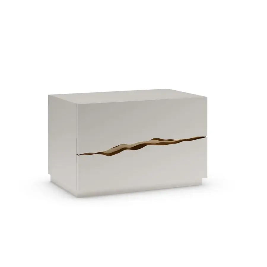 Elegant Reflex Impact nightstand with a shiny lacquered latte finish and wave-like accents with gold hardware