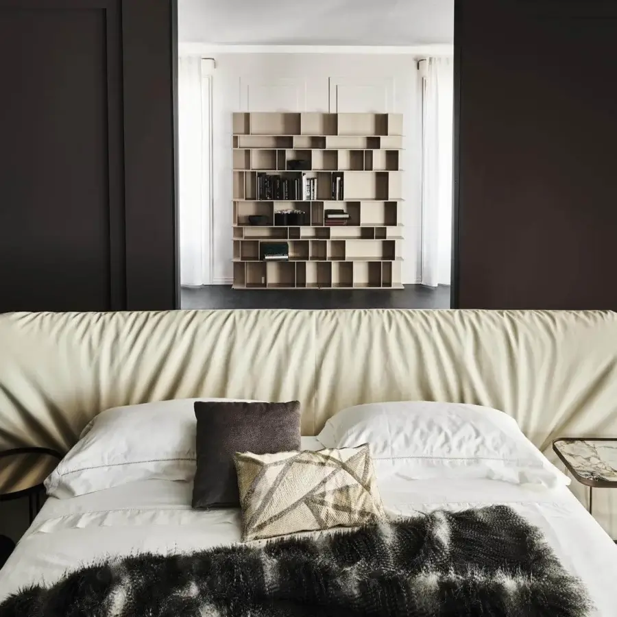 Distinguished Cattelan Italia Marlon bed with a pillowed headboard in light cream textile and Canaletto walnut frame