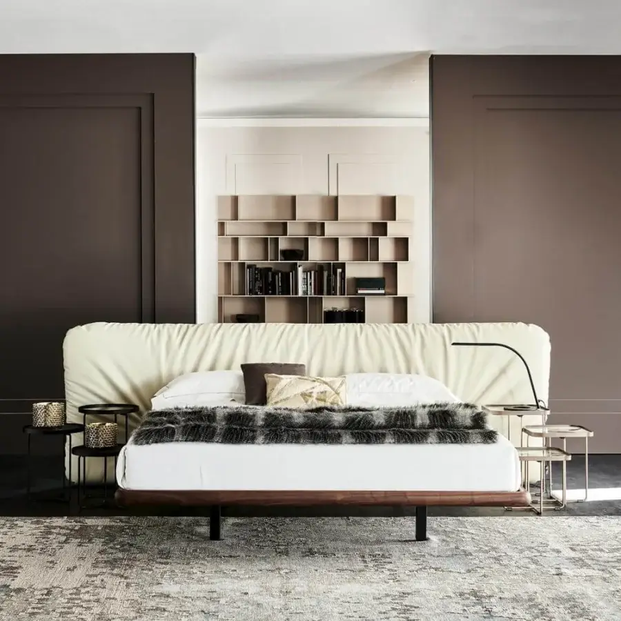 Refined Cattelan Italia Marlon bed with a Canaletto walnut frame and light cream textile headboard with gathered finish