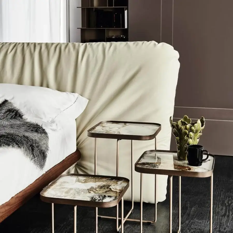 Superior Cattelan Italia Marlon bed with a Canaletto walnut stained ashwood frame and light beige textile headboard