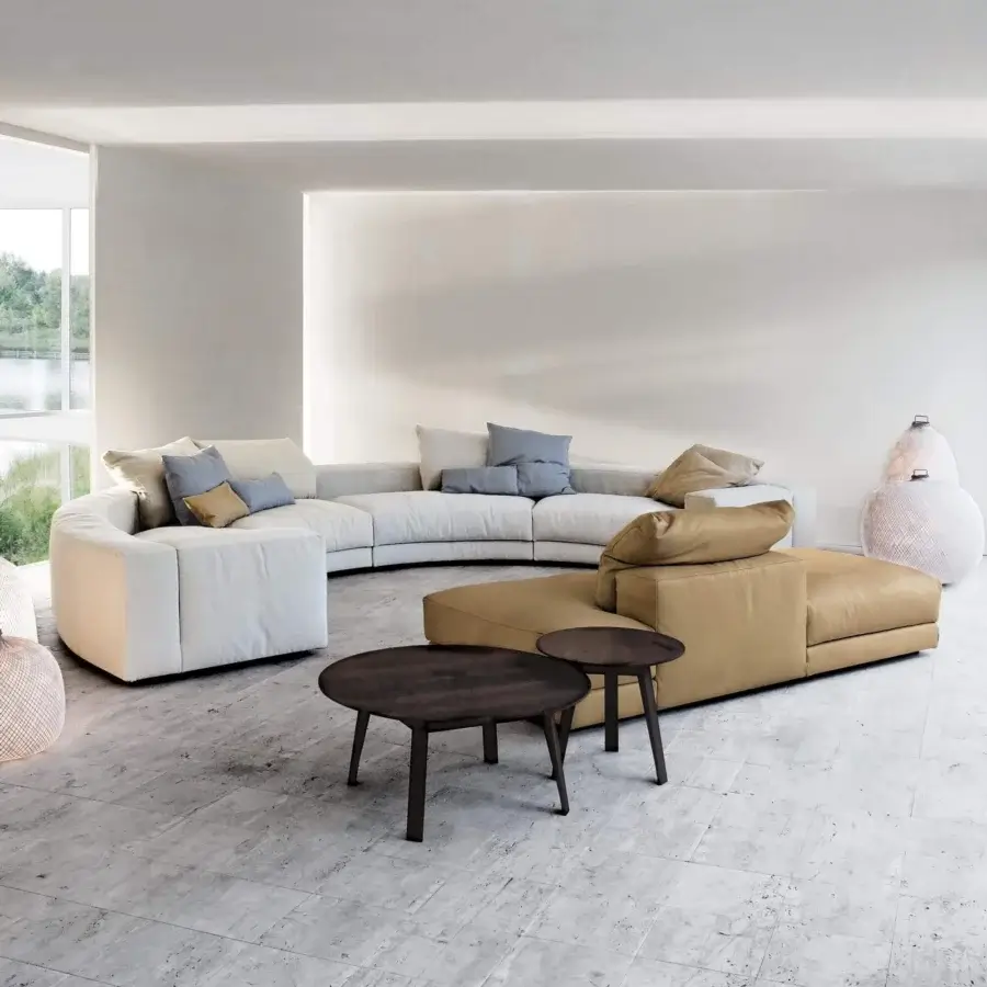 Distinguished Swan Italia Hills sectional with light off-white and tan removable fabric upholstery and powder-coated metal feet
