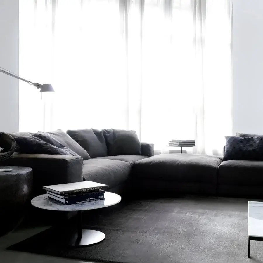 Exceptional Swan Italia Hills sectional with dark gray textile upholstery, a wooden frame crafted with feather padding