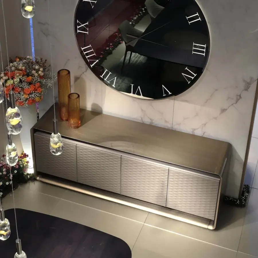 Exceptional Reflex Oh sideboard with shaped wood, satin metallic bronze finish and horizontally ridged suspended doors