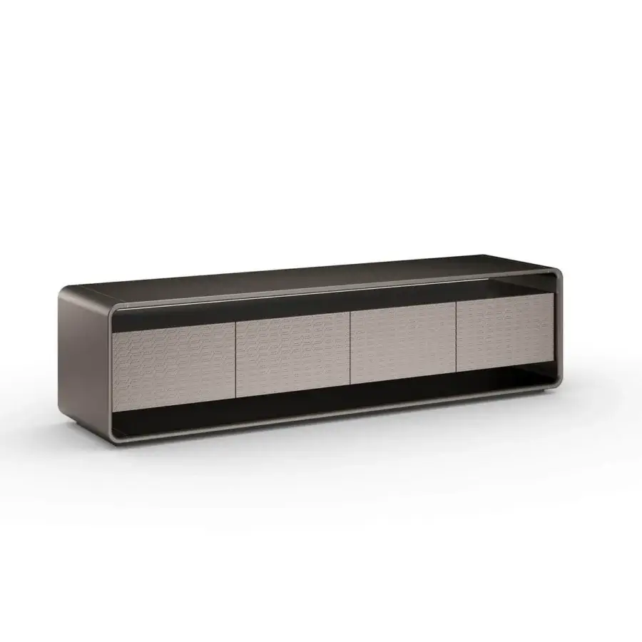 Superior Reflex Oh sideboard with shaped rounded wood, satin metallic bronze finish and quilted taupe leather doors
