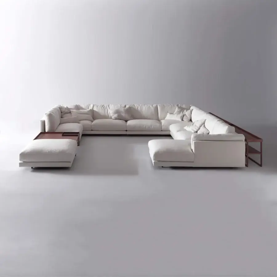 Exceptional Swan Italia Host sectional with light-colored fabric upholstery and integrated dark wood side tables