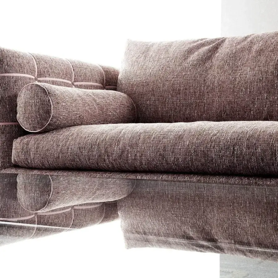 Superior Erba Get Back sofa crafted in brownish-mauve woven textile with pale pink piping and bright chrome steel feet