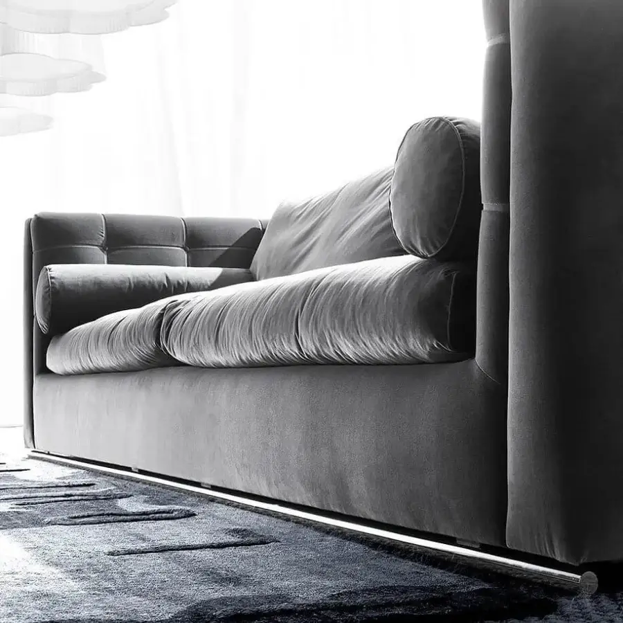 Exclusive Erba Get Back sofa built with bright chrome steel feet and dark gray matte textile upholstery