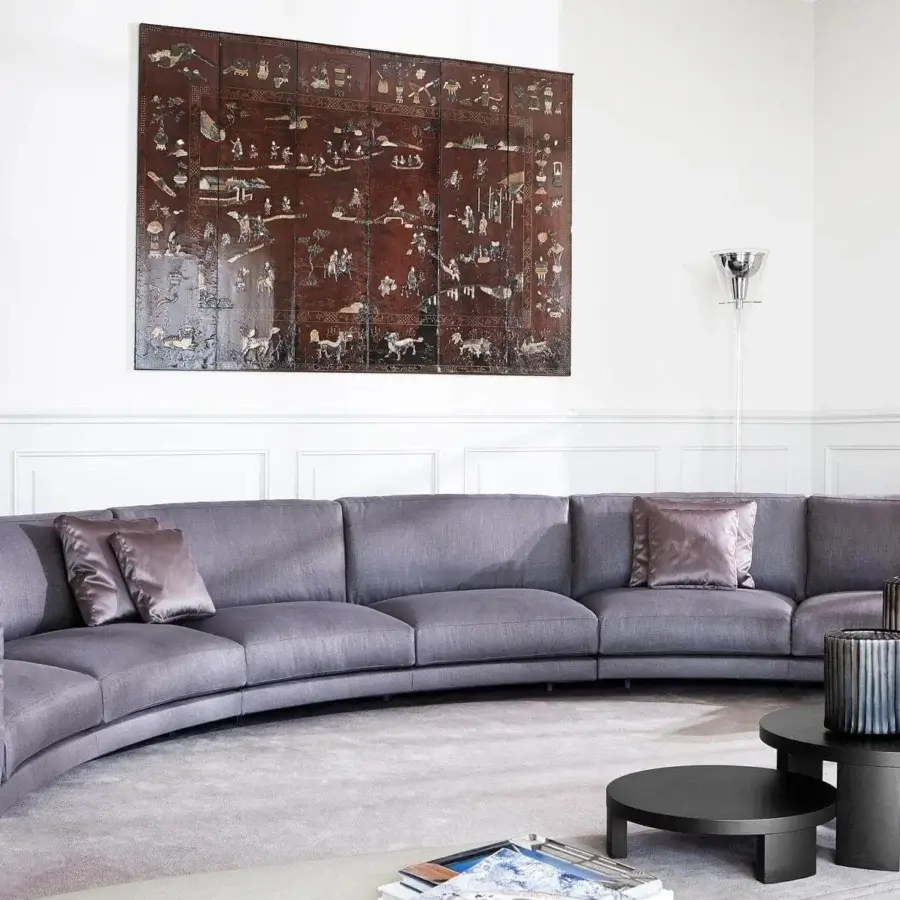 Superior Swan Italia Host sectional with curved silhouette and sumptuous gray textile upholstery built with powder-coated metal feet