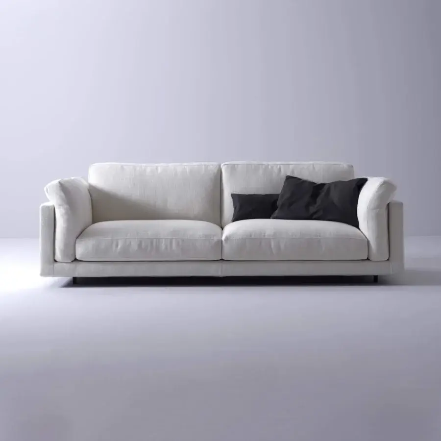 Exceptional Swan Italia host sofa with expanded polyurethane upholstery, dark square cushions and powder-coated metal feet crafted in Italy