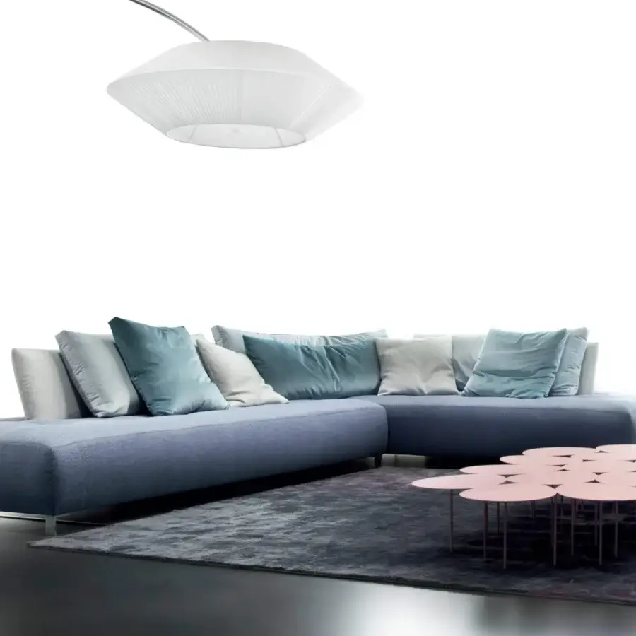 Exceptional Erba Conversation sectional with muted blue-gray textile upholstery and a solid wood frame built for lasting quality