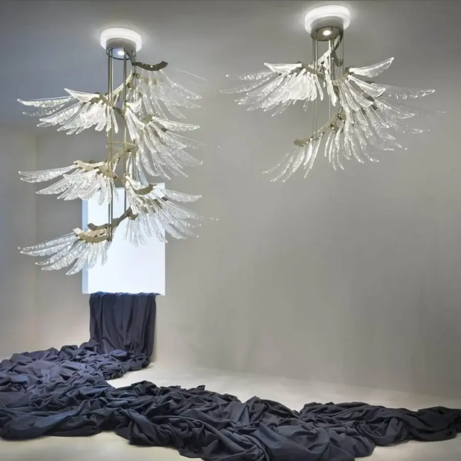 Superior Barovier&Toso Angel suspension lamp with a dynamic spiral of illuminated clear crystal plumage and satin metal structure