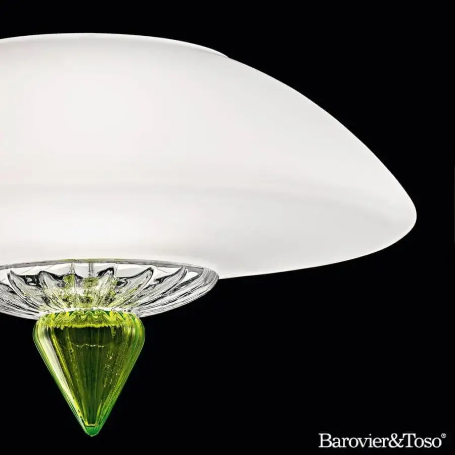 Exceptional Barovier&Toso Topkapi ceiling lamp with white sanded glass, clear glass and a green crystal pendant crafted in Italy