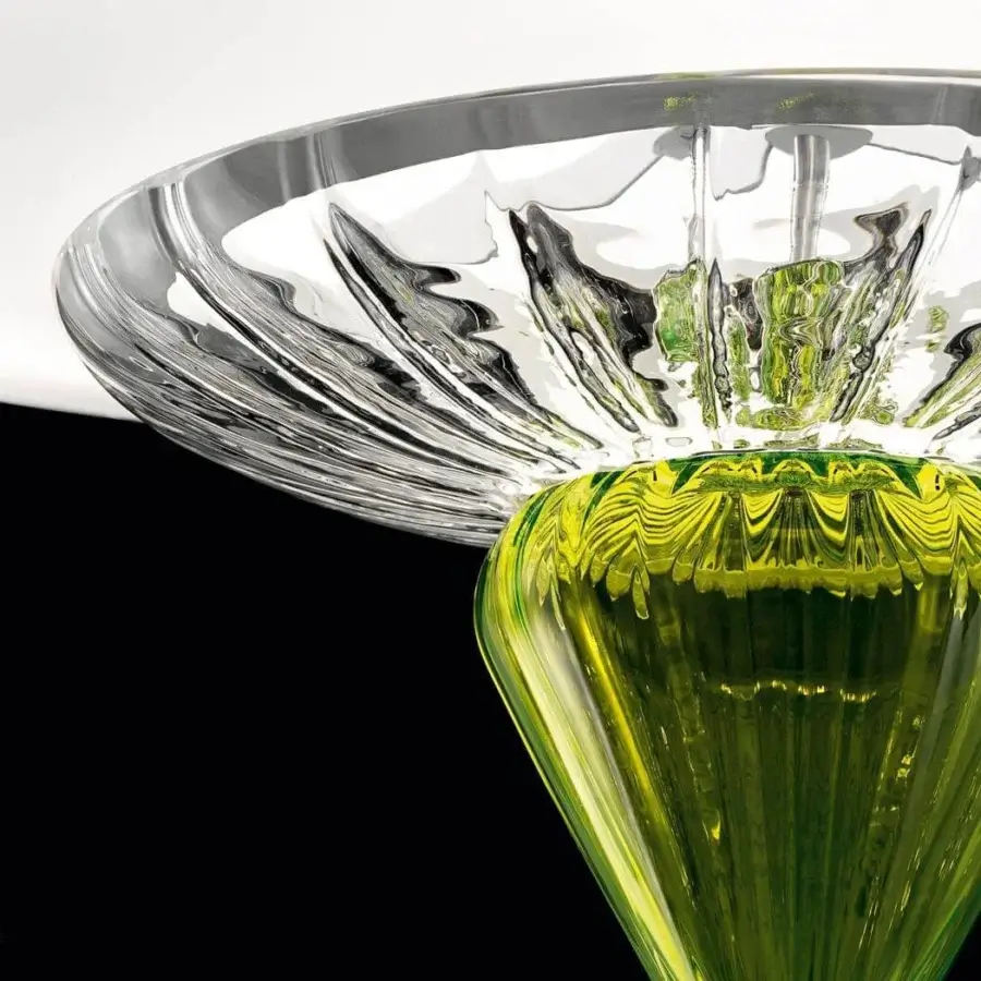 Elegant Barovier&Toso Topkapi ceiling lamp with rippled clear glass, a vibrant green crystal pendant and diffused illumination