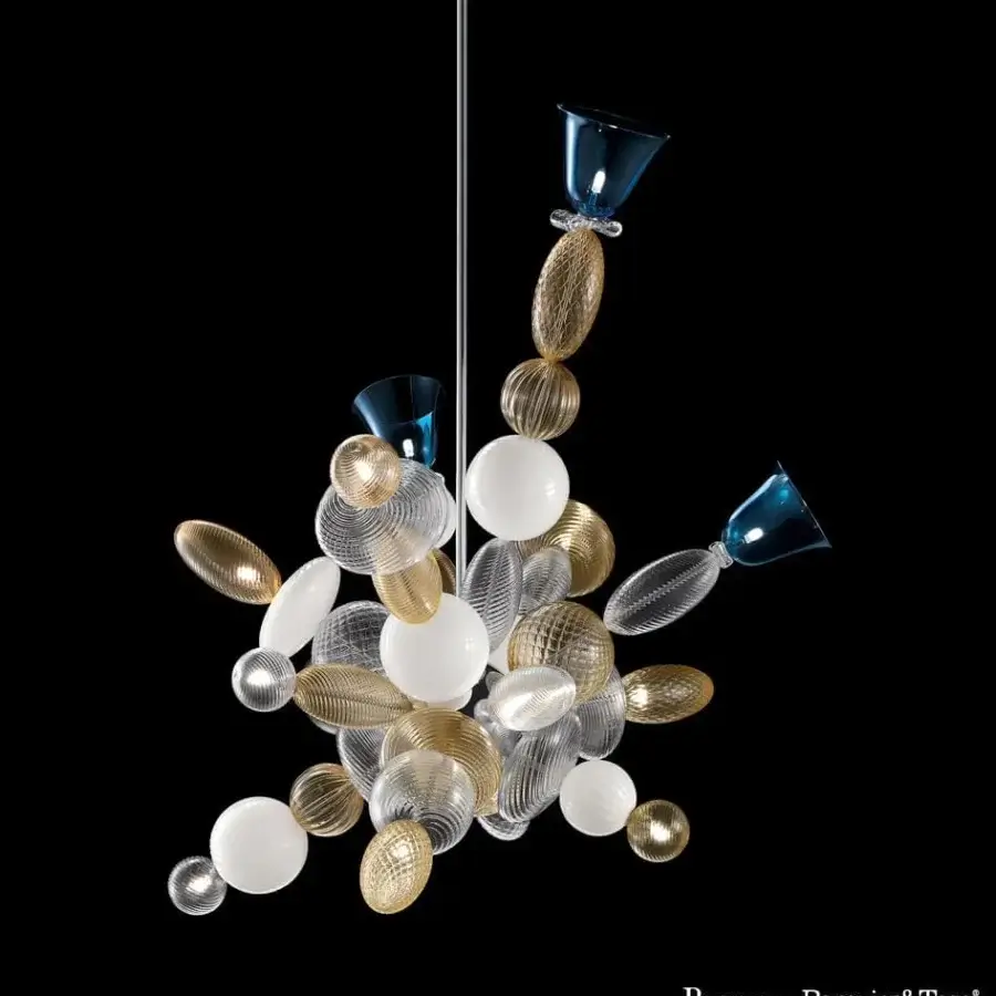 Distinguished Barovier&Toso Perseus suspension lamp with dynamic clear golden white and blue glass elements and chromed frame