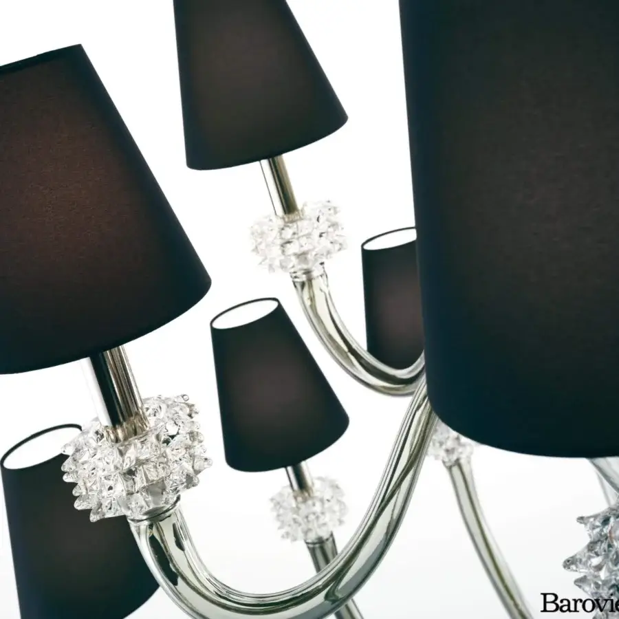 Elegant Barovier&Toso Amsterdam chandelier with curved metal arms and clear crystal elements in a silver finish