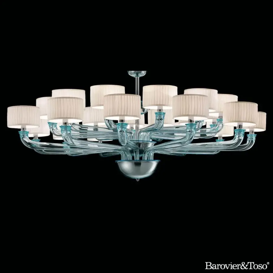 Captivating Barovier&Toso Babylon chandelier with light blue Murano glass arms and light beige cylindrical lampshades in glossy metal