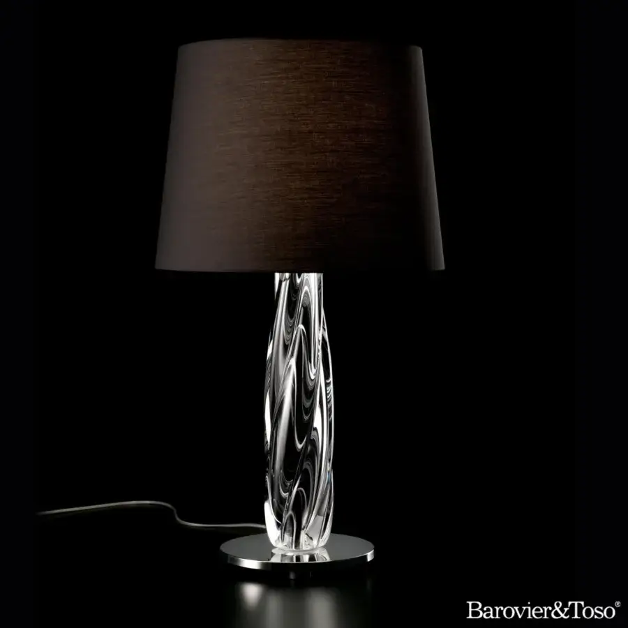 Distinguished Barovier&Toso Twins table lamp with twisted clear glass body and dark brown cylindrical textile lampshade