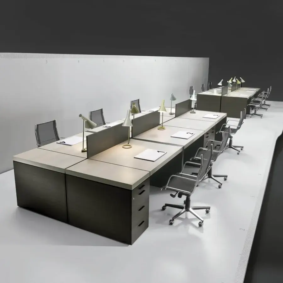 Superior 4 Mariani Blade desk with saddle leather desktop and darker wood grain cabinet finish