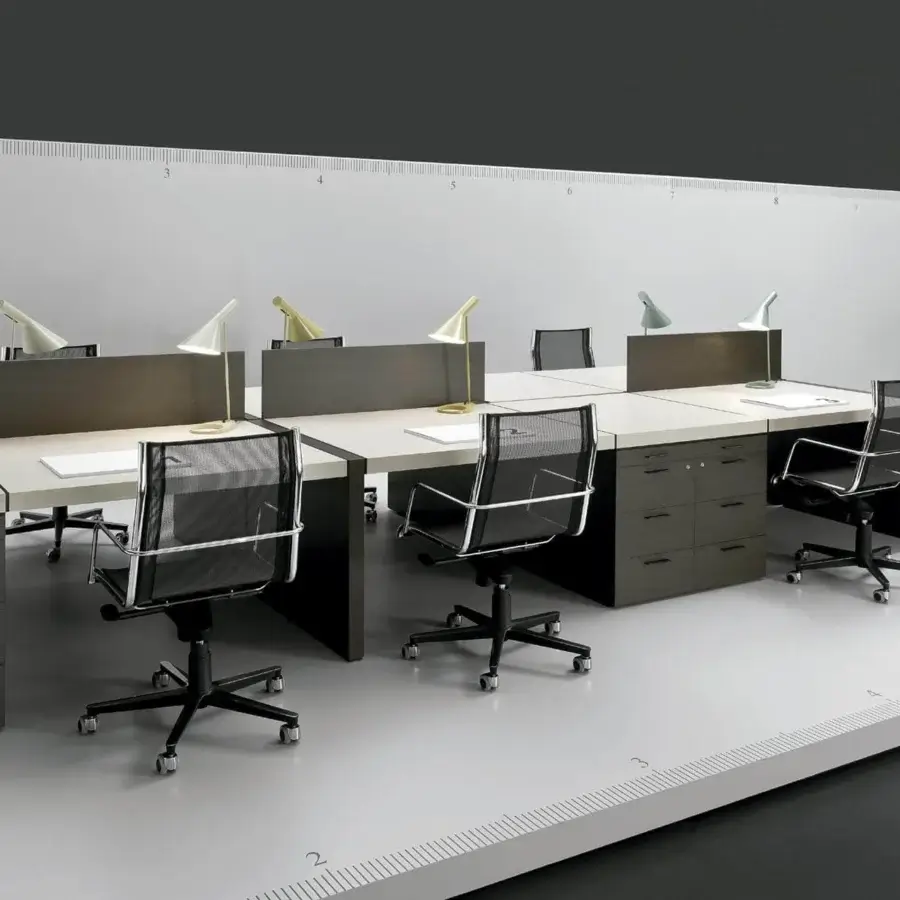 Distinguished 4 Mariani Blade desk crafted with saddle leather and medium gray-brown wood in a matte finish