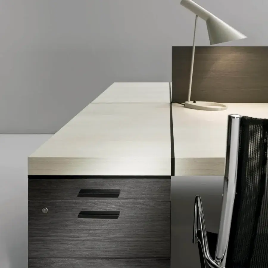 Elegant 4 Mariani Blade desk crafted in light and dark wood grain with matte saddle leather accents