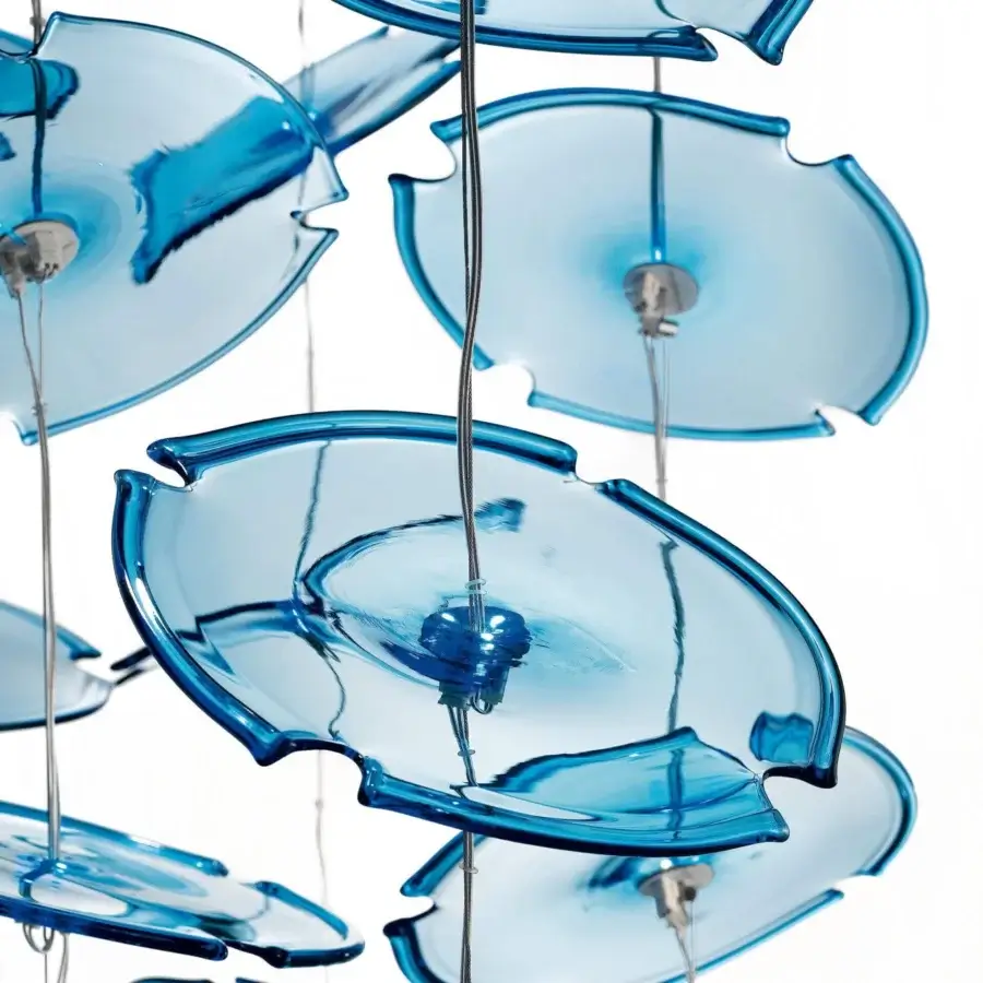 Distinguished Barovier&Toso Exagon suspension lamp with transparent light blue lotus leaves exhibiting a glossy finish