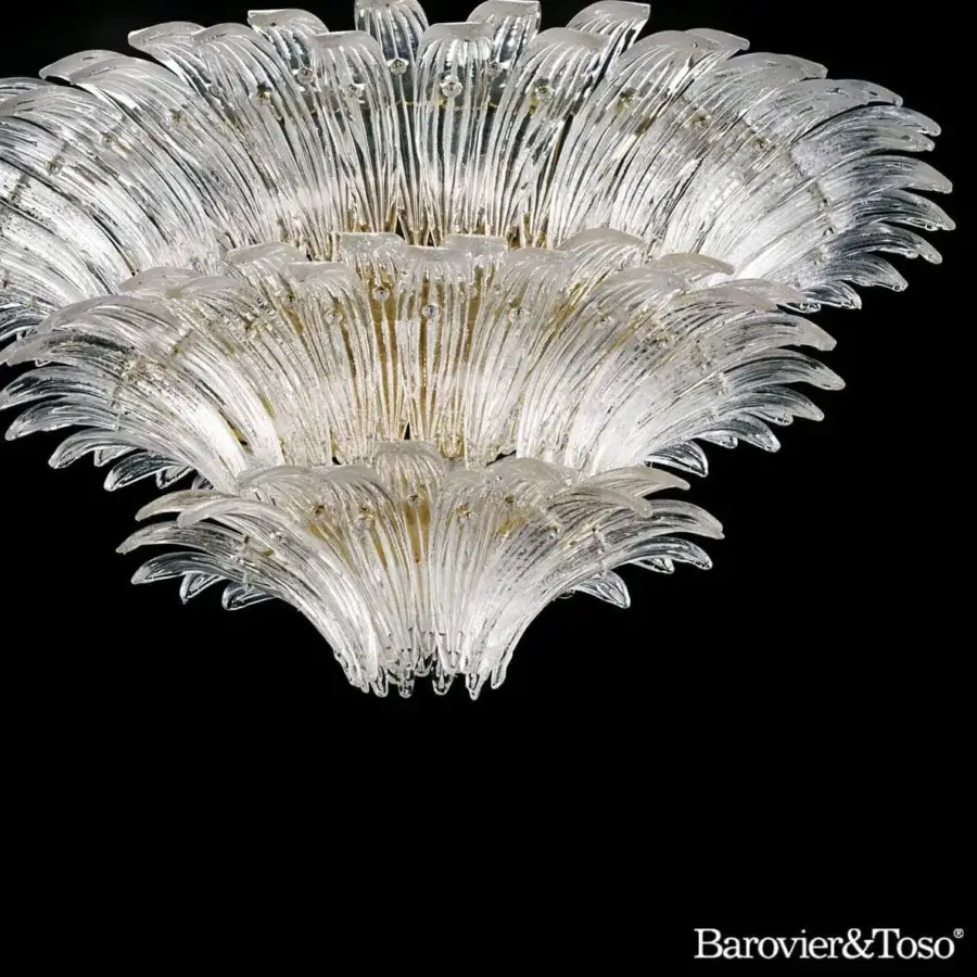 Exceptional Barovier&Toso Palmette ceiling lamp with cascading clear crystal and galvanized gold parts exhibiting a radiant finish