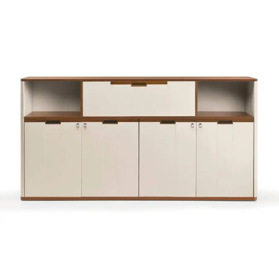 Distinguished 4 Mariani Avatar cabinet with light leather doors and black walnut wood shelving and base