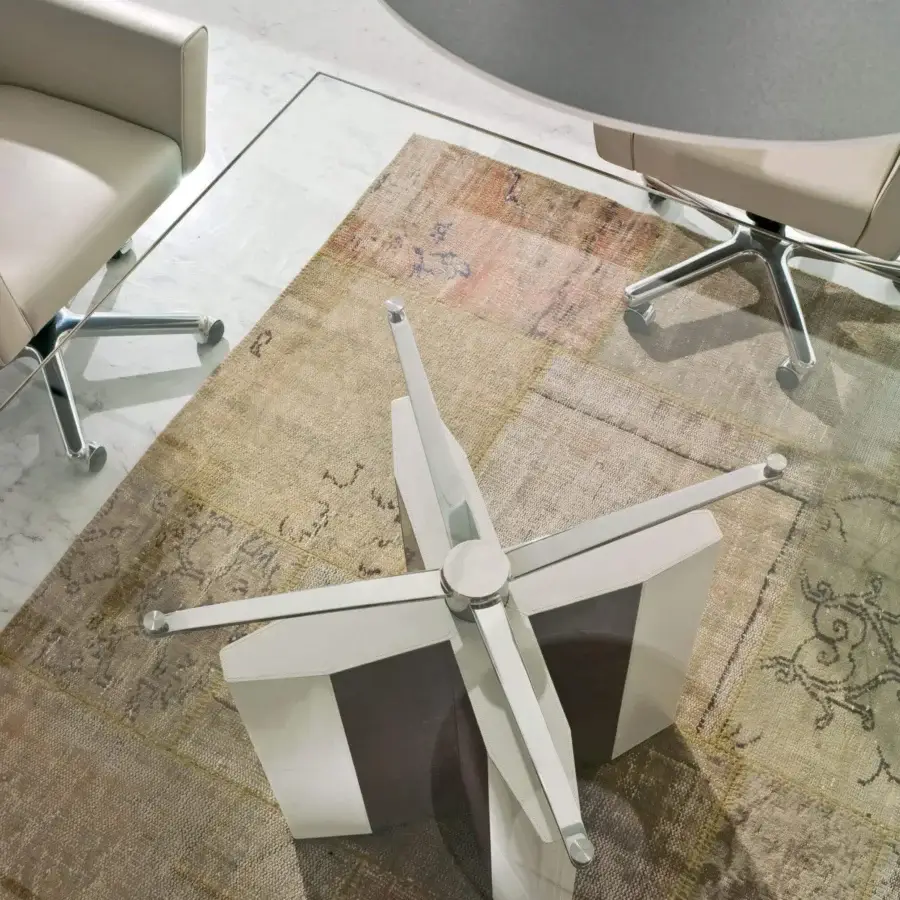 Elegant 4 Mariani De-Symetria conference table with a clear glass top and sculptural chromed steel open hand supports
