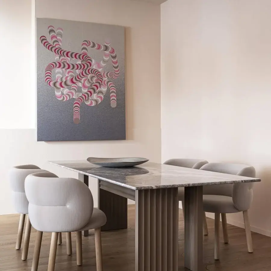 Exceptional Moroso Getlucky chair with light grey upholstery and refined varnished ash wood legs in a minimalist design