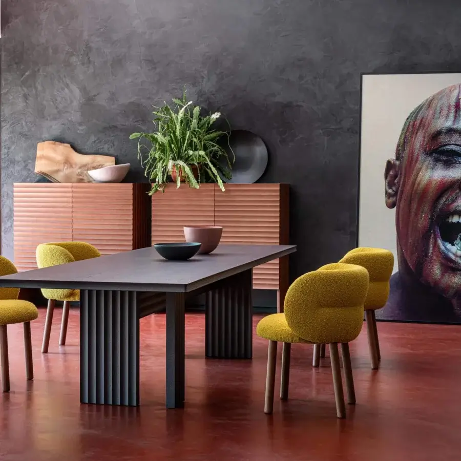 Distinguished Moroso Getlucky chair with welcoming design in mustard yellow textured fabric and varnished ash wood legs