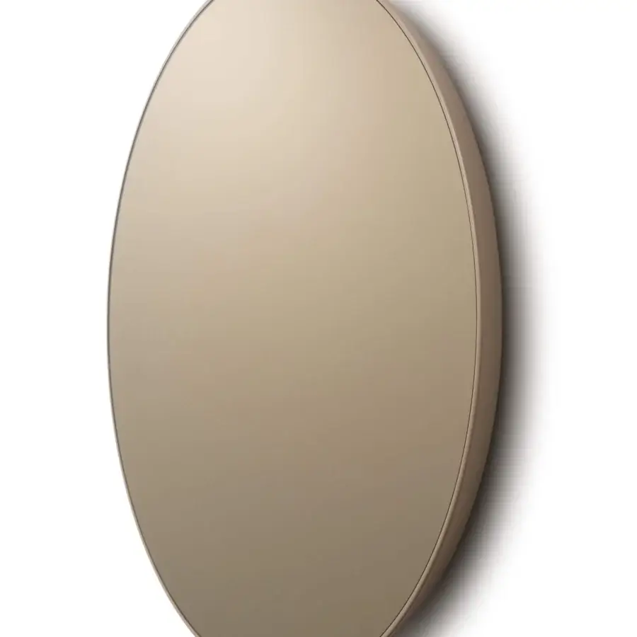 Elegant Turri Roma mirror with oval silhouette in glossy lacquered wood and light beige reflective surface