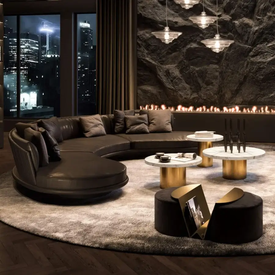 Avant-garde Wayne Enterprises WE-036 modular sofa with dark leather upholstery and vertically ribbed back design