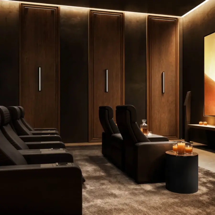Superior WAYNE Enterprises WE-153 home cinema seating upholstered in dark matte textile with geometric form and curved elements