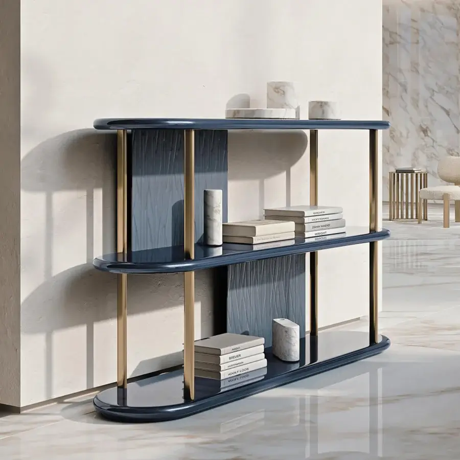 Distinguished Turri Roma console with three shelves of glossy lacquered wood and leather-embroidered panels in dark blue finish