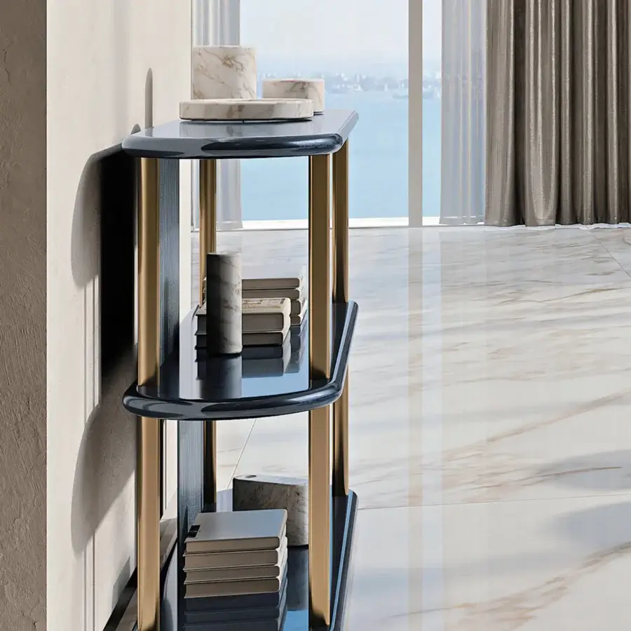 Exclusive Turri Roma console with glossy lacquered wood shelves and leather-embroidered padded panels in champagne gold metalwork