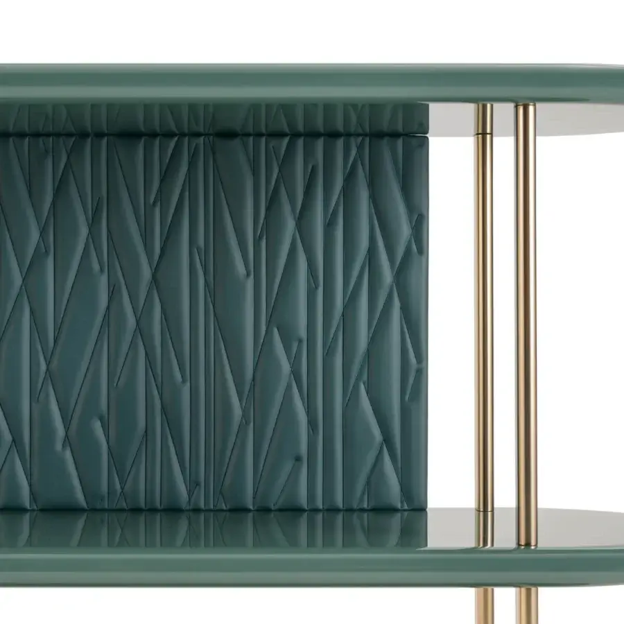 Superior Turri Roma console with muted green glossy lacquered wood shelves and champagne gold metal structure
