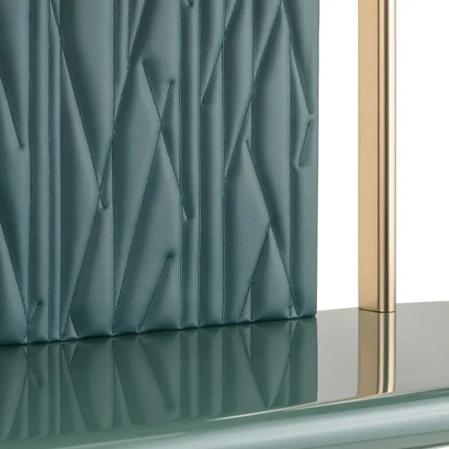 Distinguished Turri Roma console with geometric shelves, champagne gold metal and teal leather panels embroidered with a diamond pattern