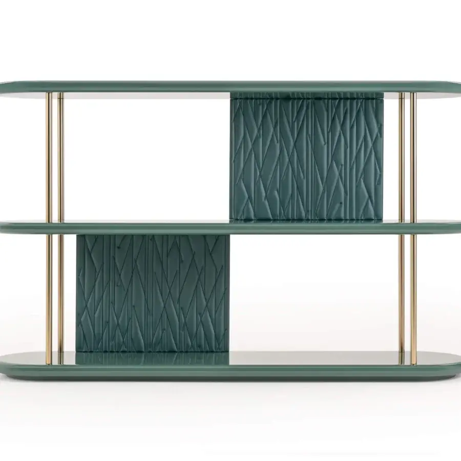 Exclusive Turri Roma console with teal glossy lacquered wood shelves and champagne gold metal structure built with leather panels