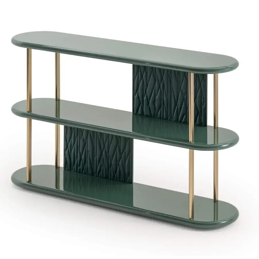 Lavish Turri Roma console with green lacquered wood shelves, champagne gold metal and quilted leather panels